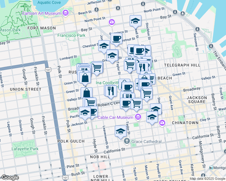 map of restaurants, bars, coffee shops, grocery stores, and more near 4 Russian Hill Place in San Francisco