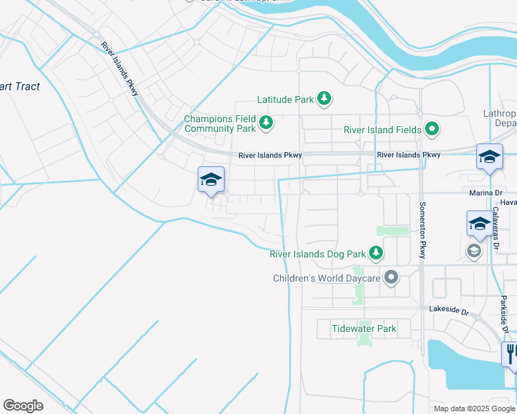 map of restaurants, bars, coffee shops, grocery stores, and more near 2151 Daimler Street in Lathrop