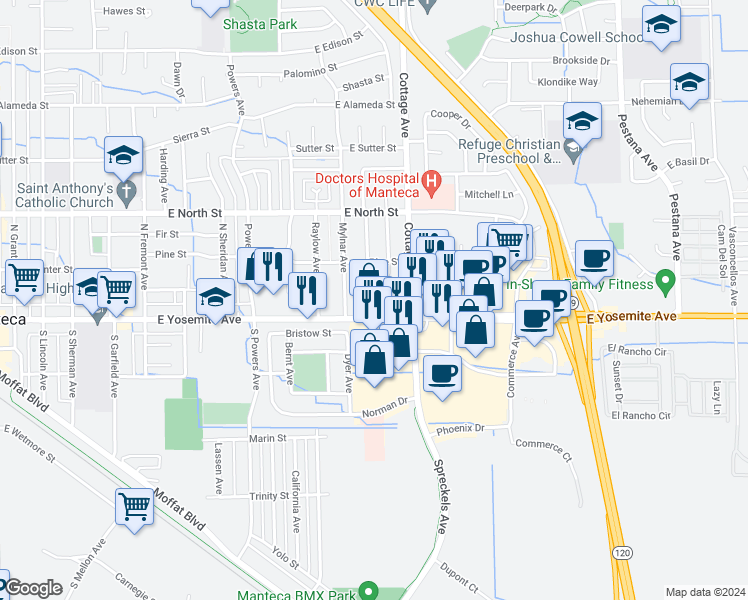 map of restaurants, bars, coffee shops, grocery stores, and more near 1161 East Yosemite Avenue in Manteca