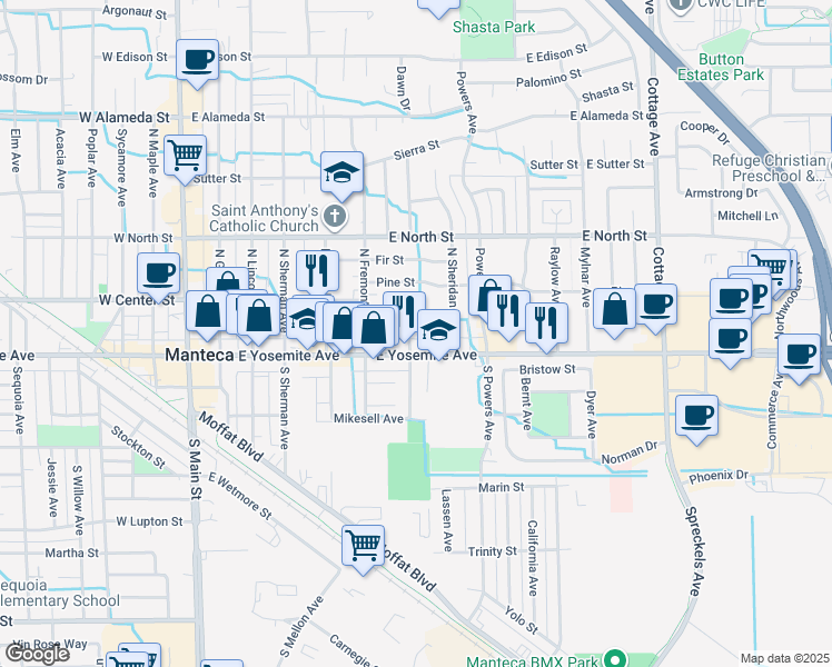 map of restaurants, bars, coffee shops, grocery stores, and more near 721 Stewart Street in Manteca