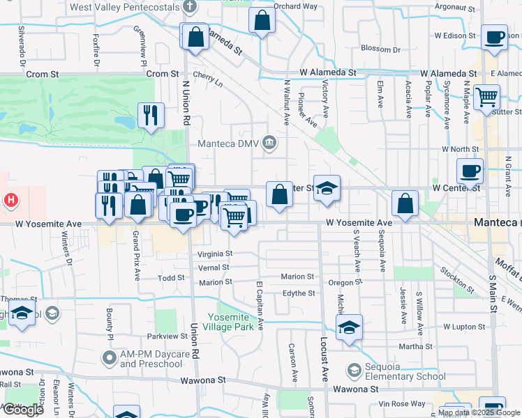 map of restaurants, bars, coffee shops, grocery stores, and more near 942 West Center Street in Manteca