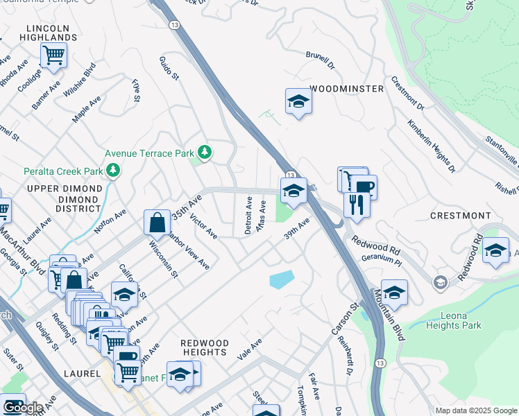 map of restaurants, bars, coffee shops, grocery stores, and more near 4291 Atlas Avenue in Oakland