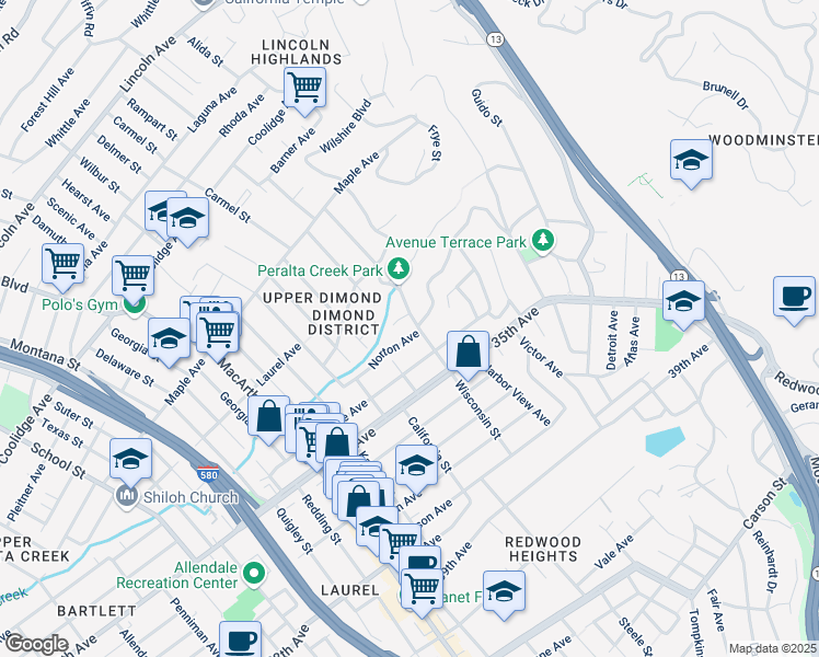 map of restaurants, bars, coffee shops, grocery stores, and more near 3325 Wisconsin Street in Oakland