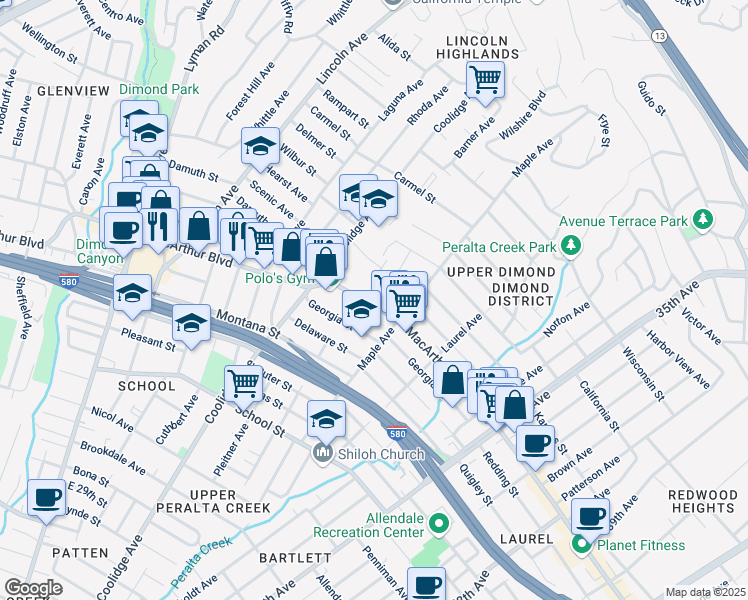 map of restaurants, bars, coffee shops, grocery stores, and more near 2880 MacArthur Boulevard in Oakland