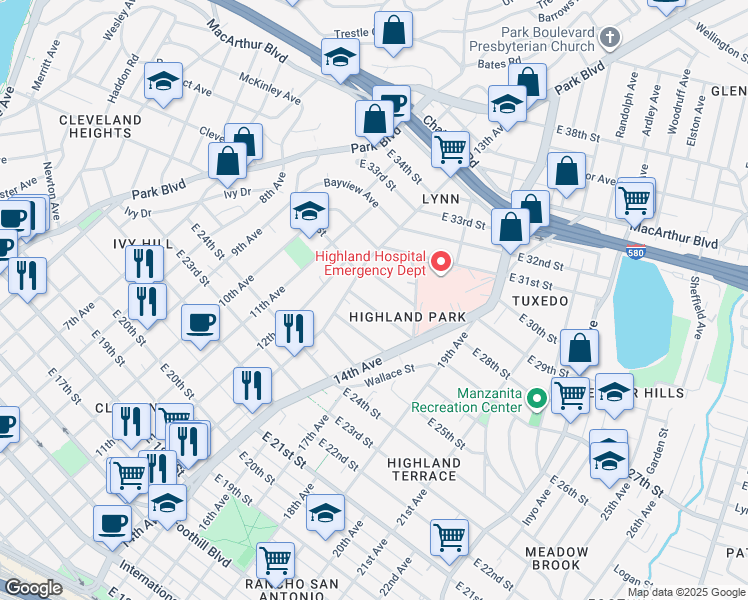 map of restaurants, bars, coffee shops, grocery stores, and more near 1331 East 28th Street in Oakland