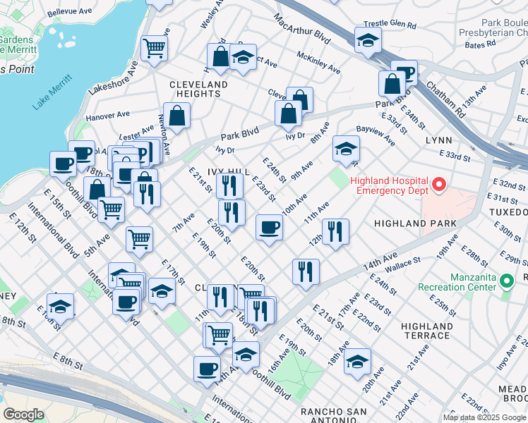 map of restaurants, bars, coffee shops, grocery stores, and more near in Oakland