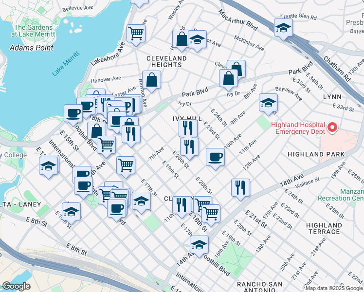 map of restaurants, bars, coffee shops, grocery stores, and more near 717 East 21st Street in Oakland