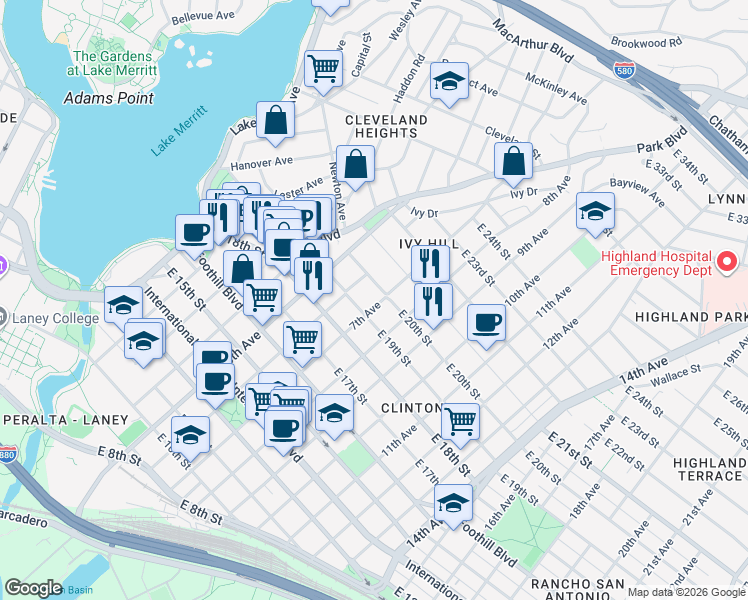 map of restaurants, bars, coffee shops, grocery stores, and more near 1949 7th Avenue in Oakland