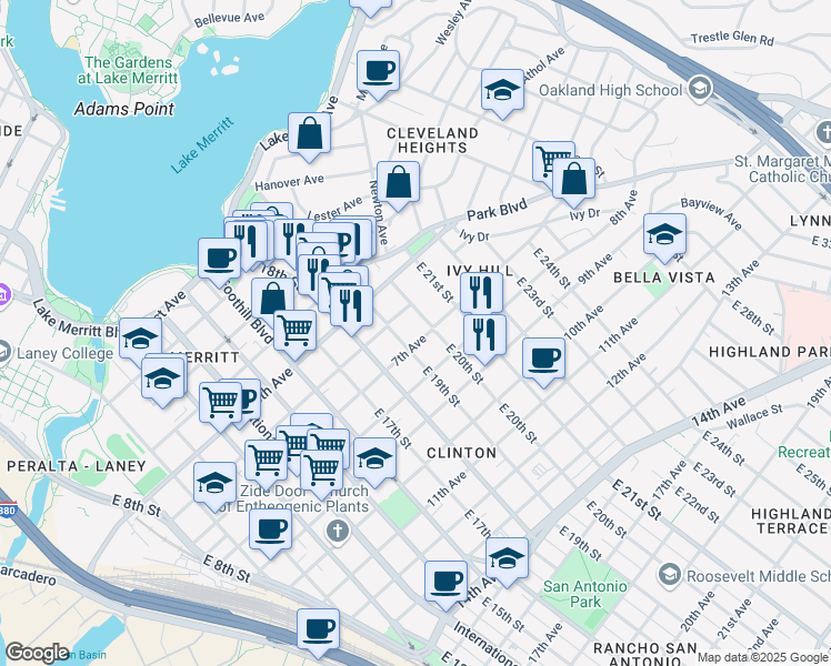 map of restaurants, bars, coffee shops, grocery stores, and more near 1949 7th Avenue in Oakland
