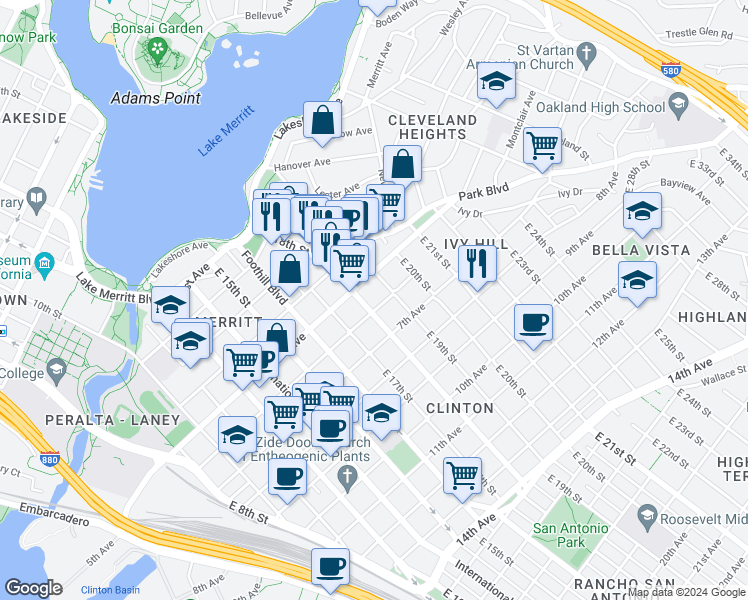 map of restaurants, bars, coffee shops, grocery stores, and more near 536 East 19th Street in Oakland