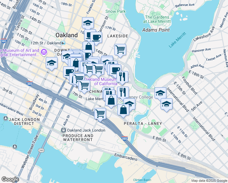 map of restaurants, bars, coffee shops, grocery stores, and more near 102 10th Street in Oakland