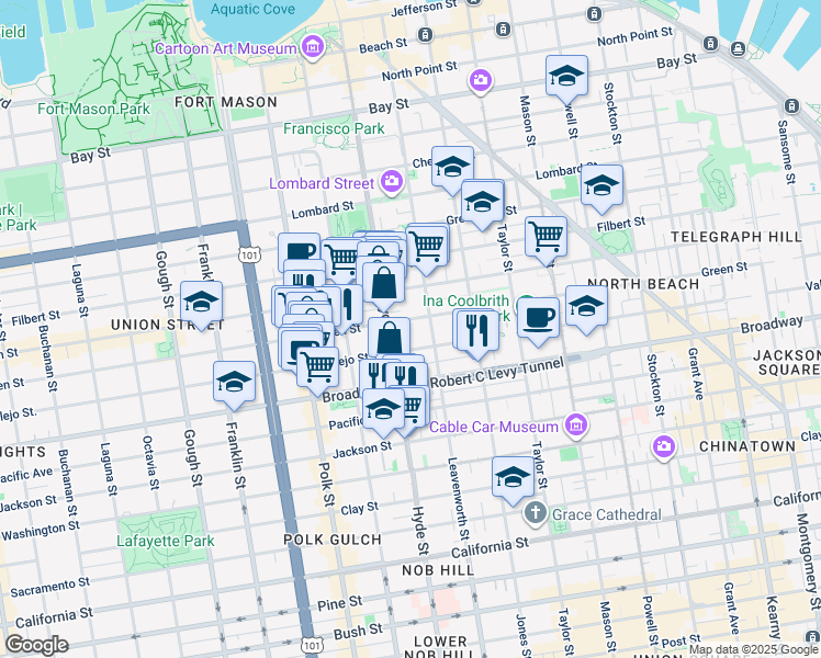 map of restaurants, bars, coffee shops, grocery stores, and more near 1134 Green Street in San Francisco
