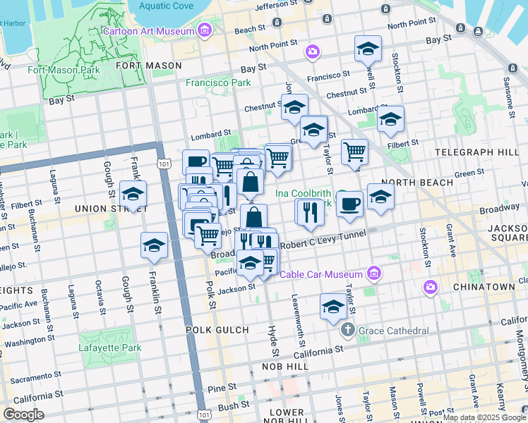 map of restaurants, bars, coffee shops, grocery stores, and more near 1134 Green Street in San Francisco