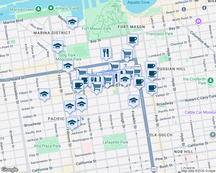 map of restaurants, bars, coffee shops, grocery stores, and more near 2826A Octavia Street in San Francisco
