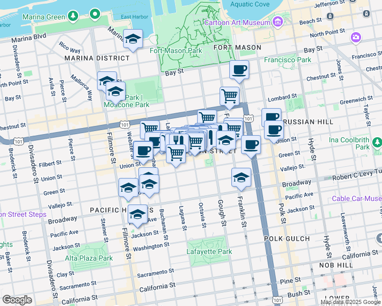 map of restaurants, bars, coffee shops, grocery stores, and more near 1771 Filbert Street in San Francisco