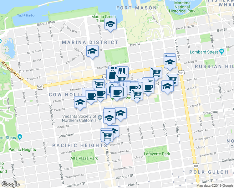 map of restaurants, bars, coffee shops, grocery stores, and more near 2028 Filbert Street in San Francisco
