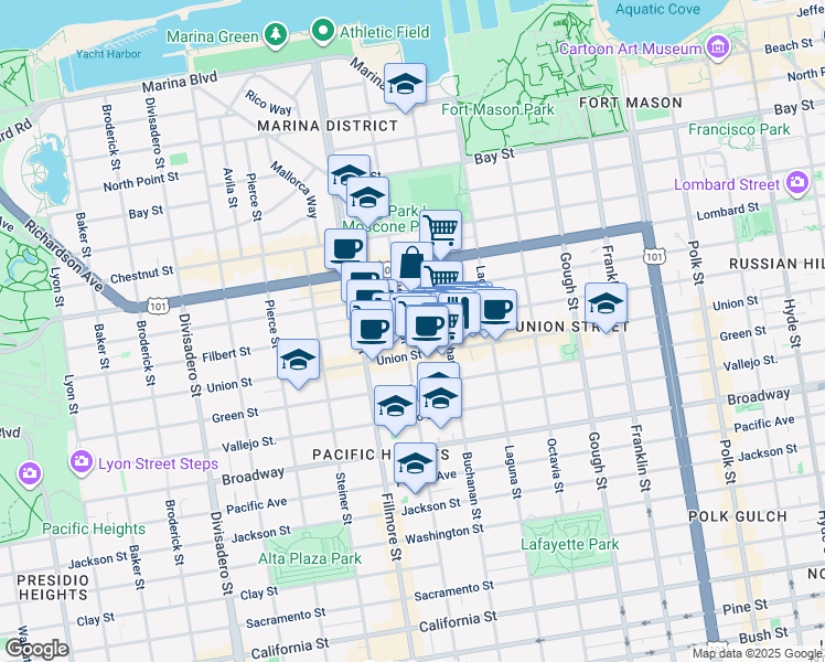 map of restaurants, bars, coffee shops, grocery stores, and more near 2028 Filbert Street in San Francisco