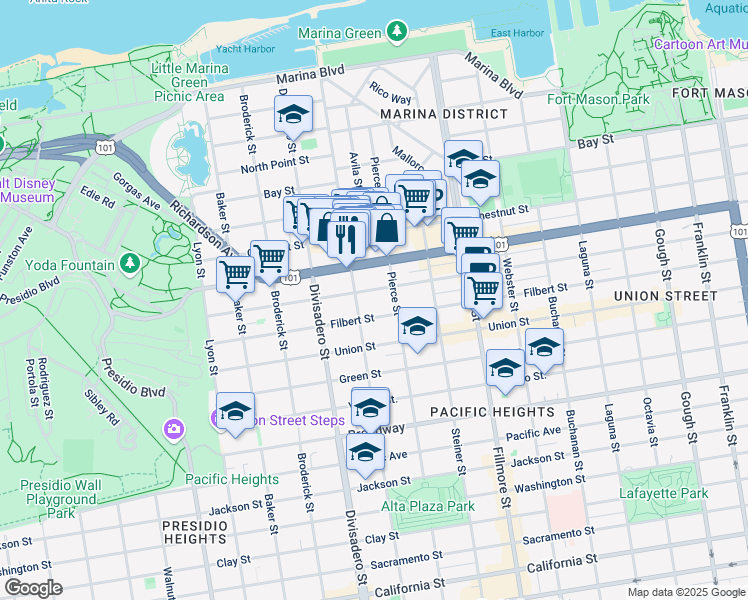 map of restaurants, bars, coffee shops, grocery stores, and more near 2474 Greenwich Street in San Francisco