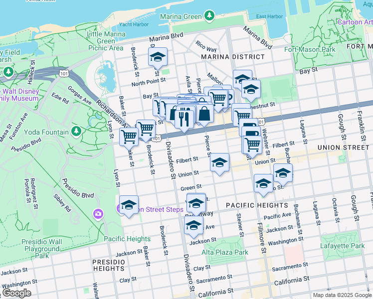 map of restaurants, bars, coffee shops, grocery stores, and more near 2474 Greenwich Street in San Francisco