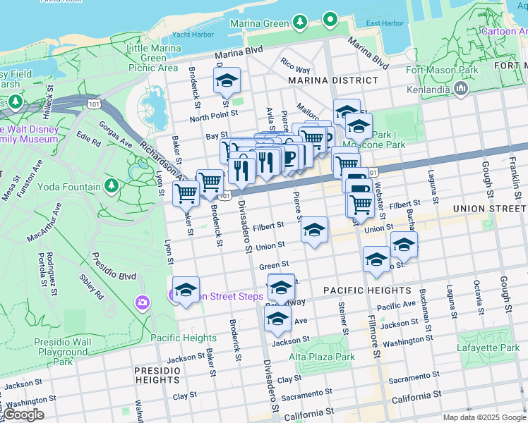 map of restaurants, bars, coffee shops, grocery stores, and more near 2474 Greenwich Street in San Francisco