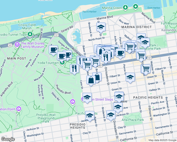map of restaurants, bars, coffee shops, grocery stores, and more near in San Francisco