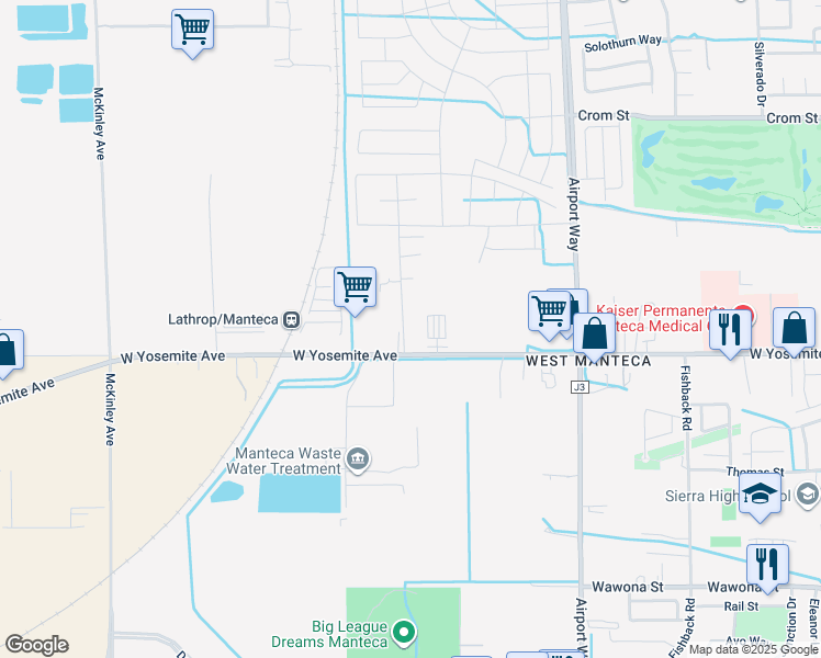 map of restaurants, bars, coffee shops, grocery stores, and more near 140 Swanson Road in Manteca
