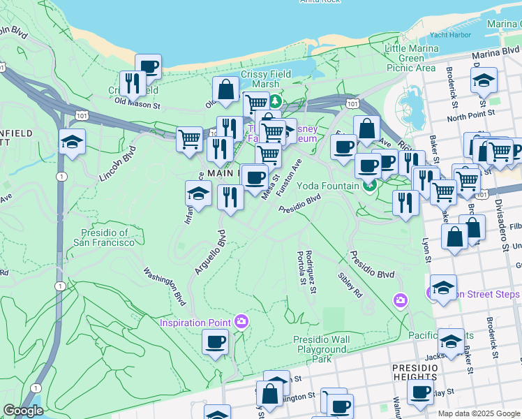 map of restaurants, bars, coffee shops, grocery stores, and more near 12 Mesa Street in San Francisco