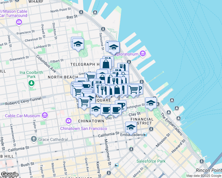 map of restaurants, bars, coffee shops, grocery stores, and more near 250 Broadway in San Francisco