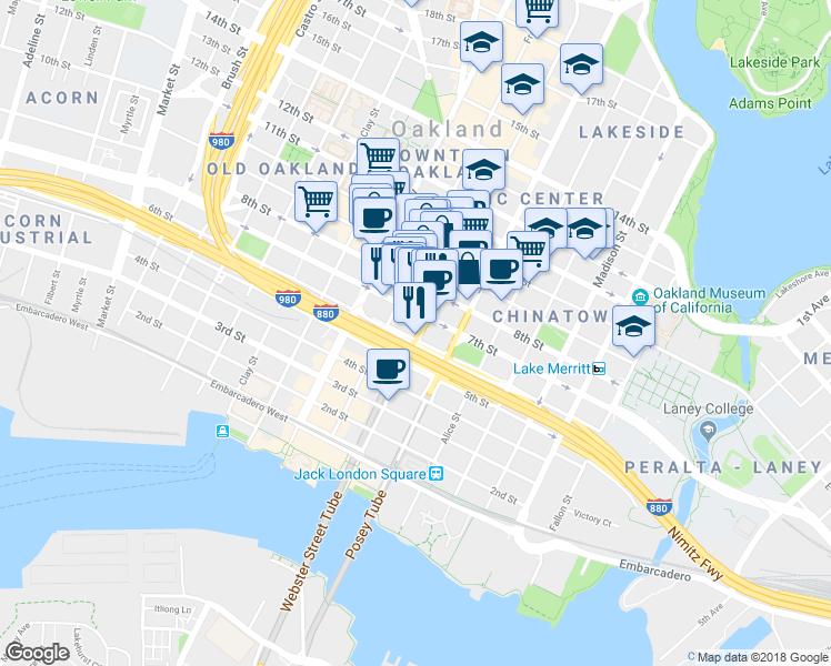 map of restaurants, bars, coffee shops, grocery stores, and more near 601 Webster Street in Oakland