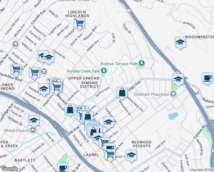 map of restaurants, bars, coffee shops, grocery stores, and more near 3325 Wisconsin Street in Oakland