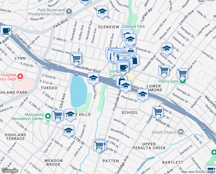 map of restaurants, bars, coffee shops, grocery stores, and more near 2106 Woodbine Avenue in Oakland