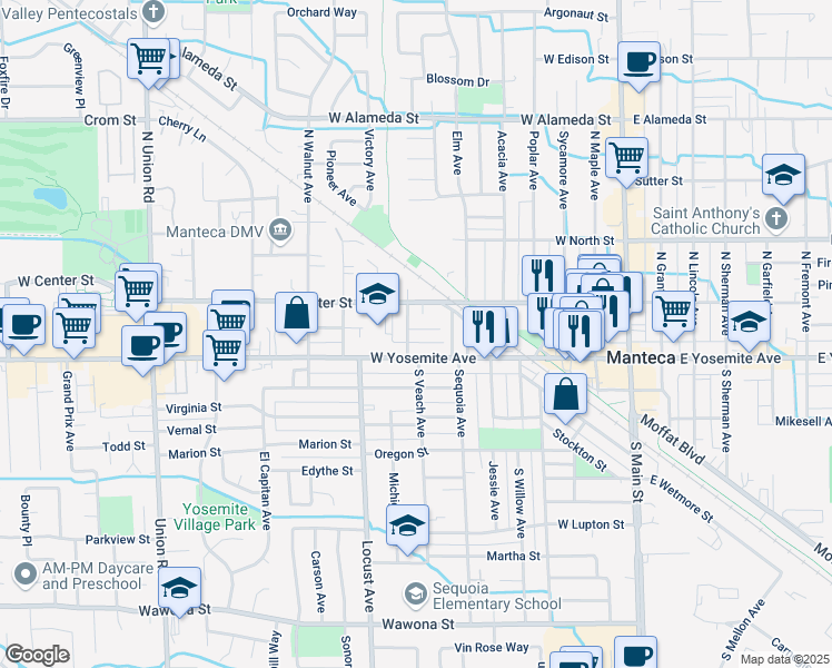 map of restaurants, bars, coffee shops, grocery stores, and more near 621 Joaquin Street in Manteca