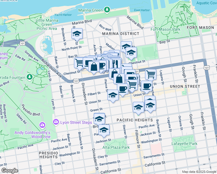map of restaurants, bars, coffee shops, grocery stores, and more near 3038 Pierce Street in San Francisco