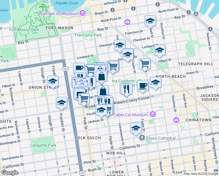 map of restaurants, bars, coffee shops, grocery stores, and more near 1134 Green Street in San Francisco