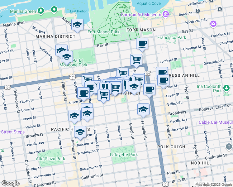 map of restaurants, bars, coffee shops, grocery stores, and more near 1782 Union Street in San Francisco