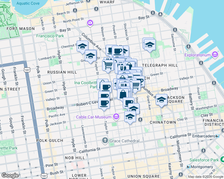 map of restaurants, bars, coffee shops, grocery stores, and more near Vallejo St & Mason St in San Francisco