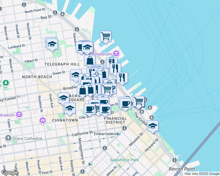 map of restaurants, bars, coffee shops, grocery stores, and more near 46 Pacific Avenue in San Francisco