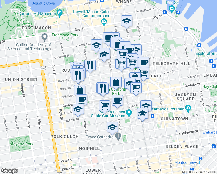 map of restaurants, bars, coffee shops, grocery stores, and more near 1020 Vallejo Street in San Francisco