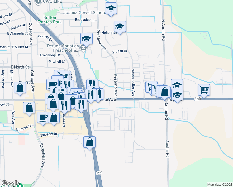 map of restaurants, bars, coffee shops, grocery stores, and more near 150 Pestana Avenue in Manteca