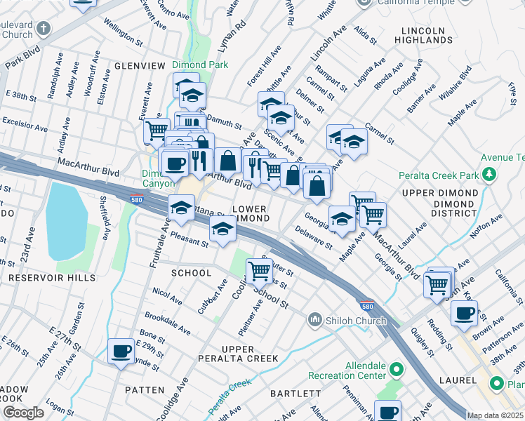 map of restaurants, bars, coffee shops, grocery stores, and more near 3467 Laguna Avenue in Oakland