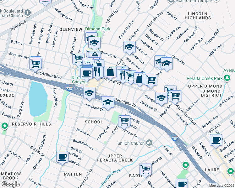 map of restaurants, bars, coffee shops, grocery stores, and more near 3441 Wilson Avenue in Oakland