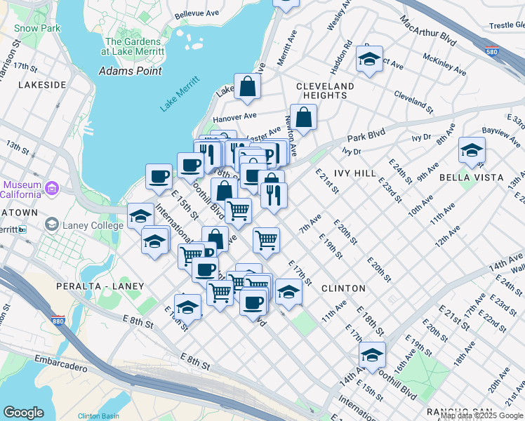 map of restaurants, bars, coffee shops, grocery stores, and more near in Oakland