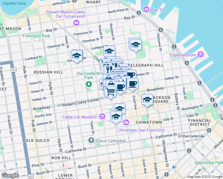 map of restaurants, bars, coffee shops, grocery stores, and more near 806 Vallejo Street in San Francisco
