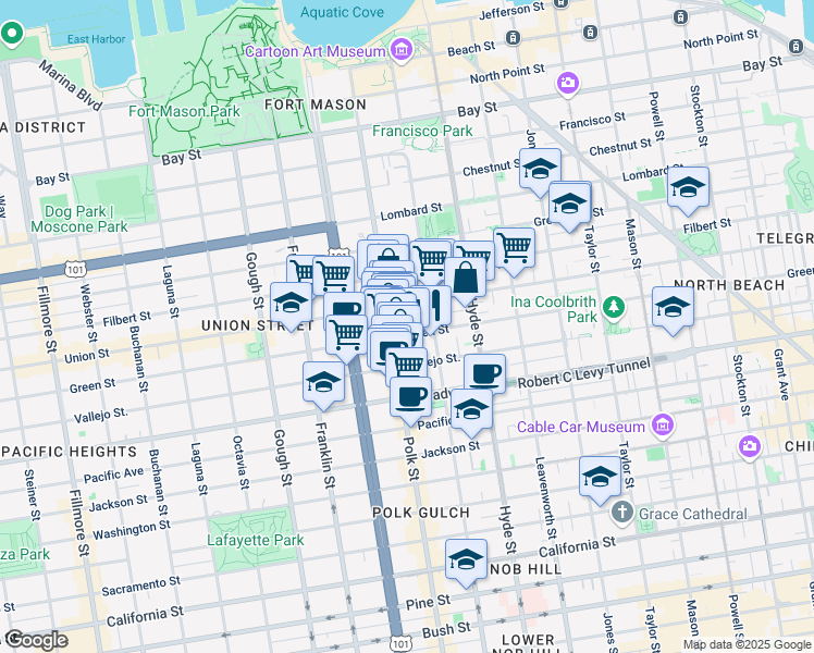 map of restaurants, bars, coffee shops, grocery stores, and more near 2235 Larkin Street in San Francisco
