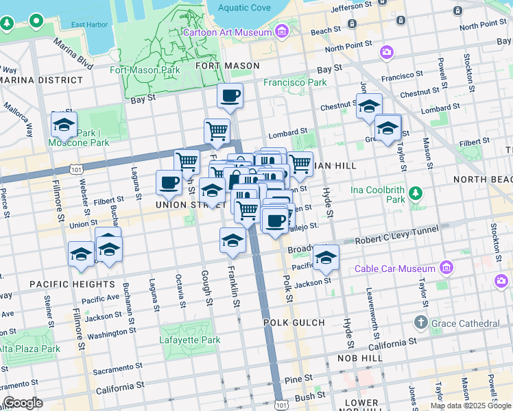 map of restaurants, bars, coffee shops, grocery stores, and more near 2500 Van Ness Avenue in San Francisco