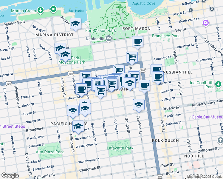 map of restaurants, bars, coffee shops, grocery stores, and more near 2826A Octavia Street in San Francisco