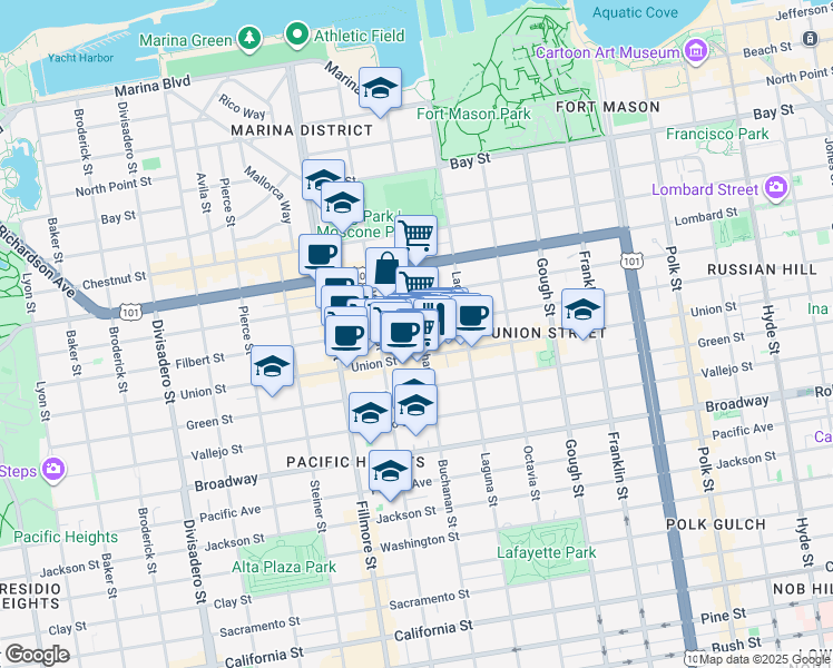 map of restaurants, bars, coffee shops, grocery stores, and more near 2028 Filbert Street in San Francisco