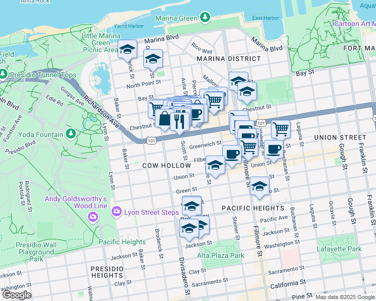 map of restaurants, bars, coffee shops, grocery stores, and more near 2474 Greenwich Street in San Francisco