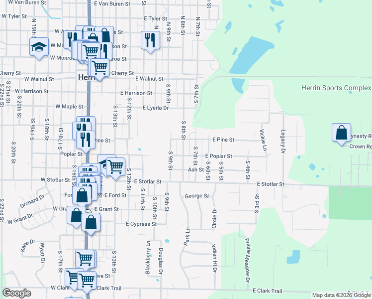 map of restaurants, bars, coffee shops, grocery stores, and more near 508 South 8th Street in Herrin