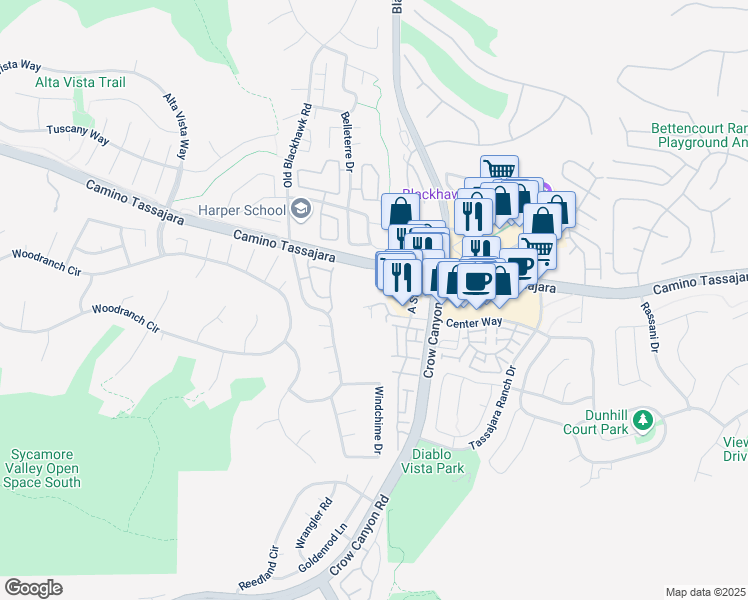 map of restaurants, bars, coffee shops, grocery stores, and more near 116 Center Court in Danville